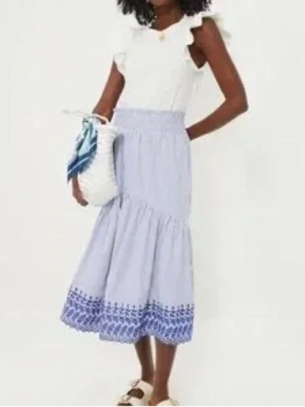 Tuckernuck Cinza Embroidered Midi Skirt in Blue Striped